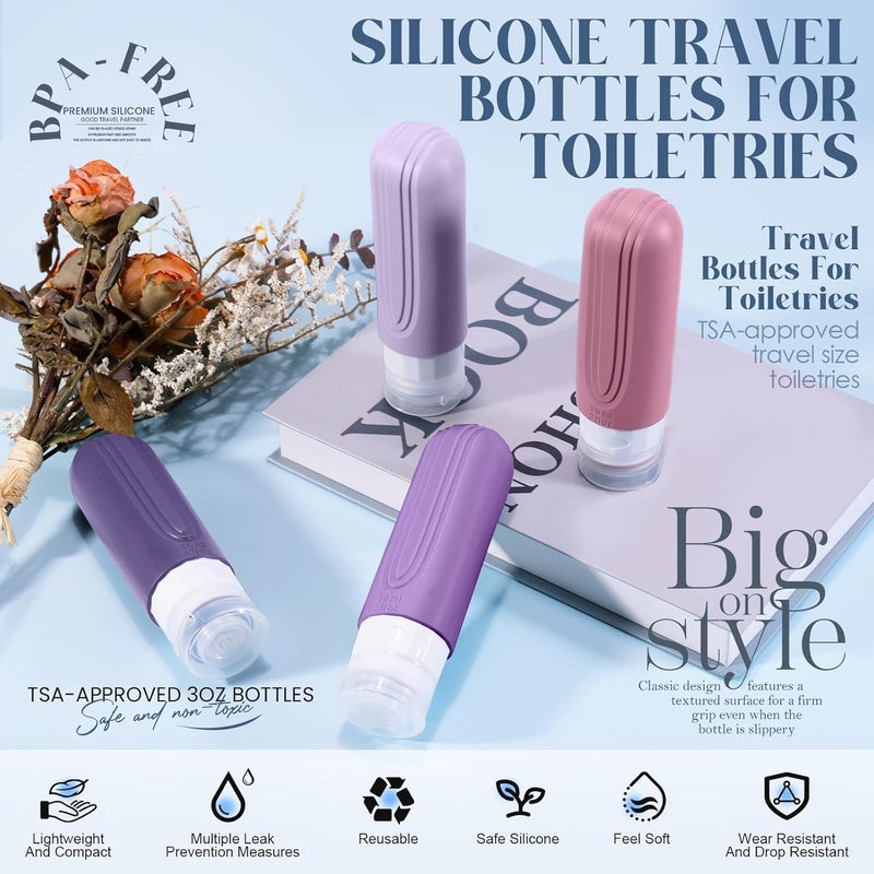 YIIMER Travel Bottles for Toiletries, 3oz TSA Approved Travel Size Toiletries, Silicone Leak-Proof Refillable Containers, Squeezable Liquid Essentials Bottles W/Clear Bag (PURPLE) - Image 2